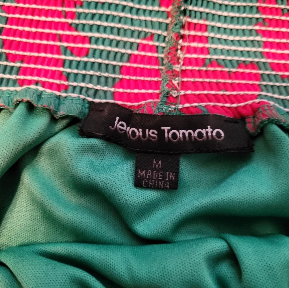 Jealous Tomato Green & Red Romper, Elastic Waist w/front Tie, Medium, Like New - Picture 6 of 9